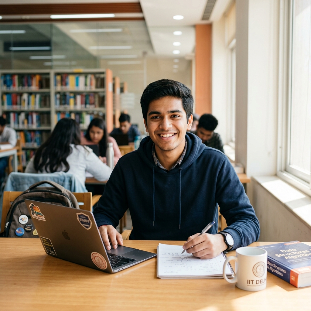 Student utilizing laptop in library